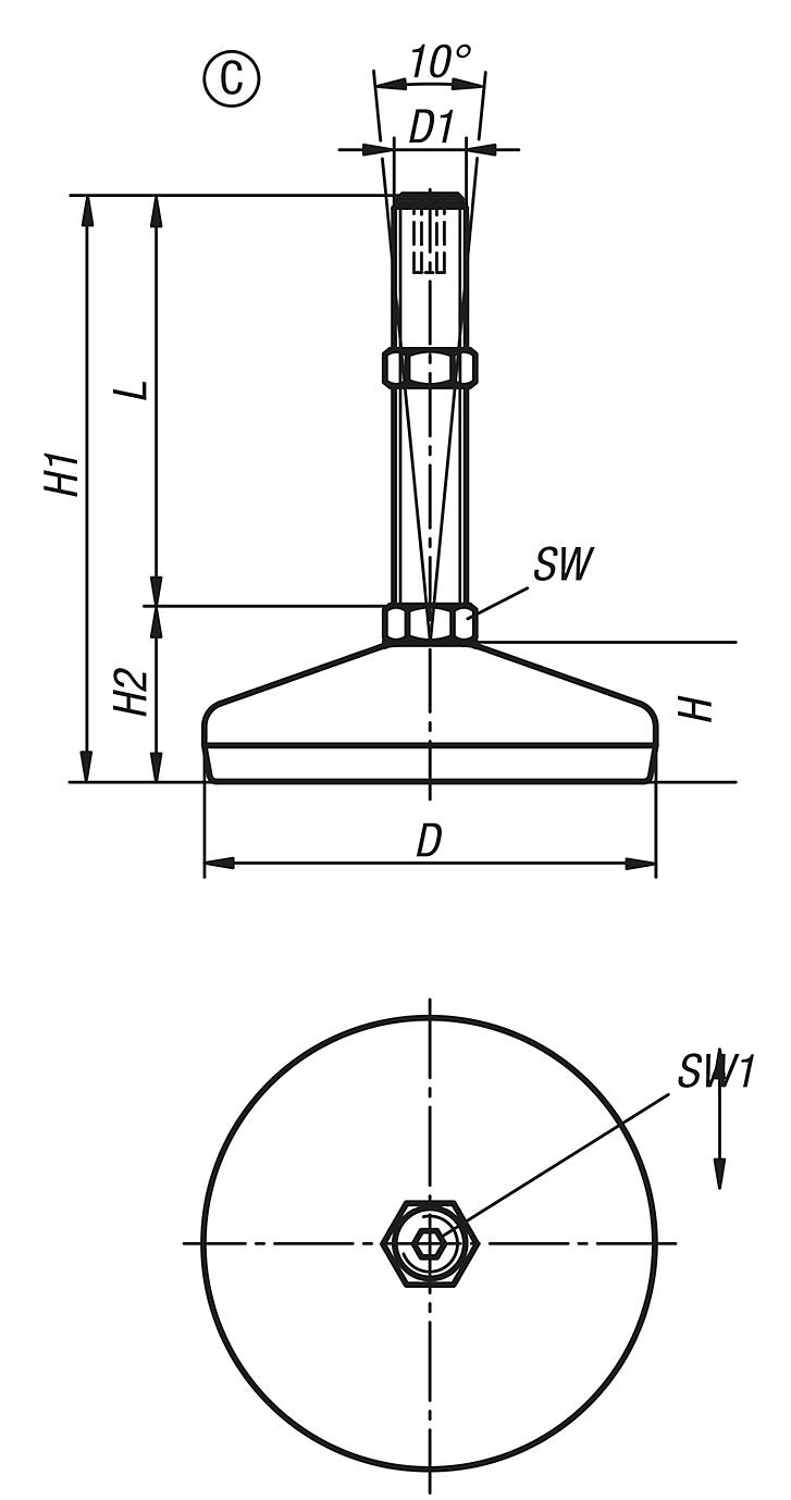 Pies regulables de acero o acero inoxidable, forma C