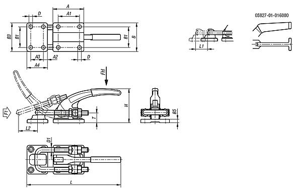 Dispositivos de sujeción de cazoleta de acero o acero inoxidable, horizontal, versión pesada con placa de retención, empuñadura de plástico rojo