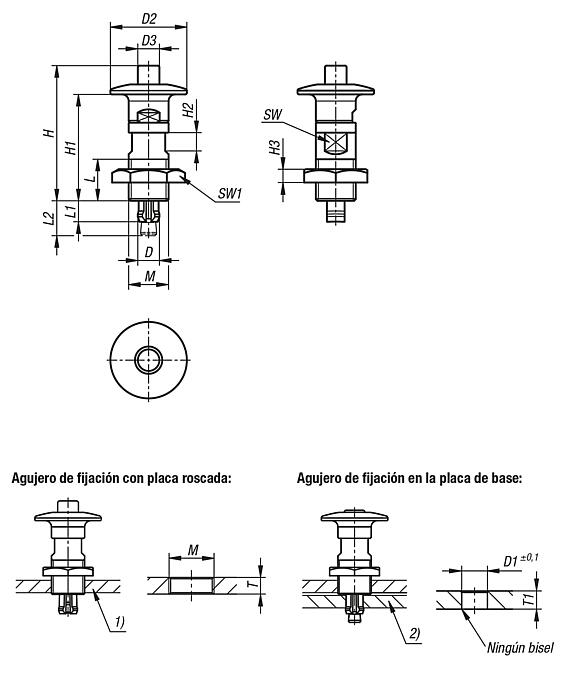 Pernos de bloqueo de acero inoxidable con botón de maniobra de acero inoxidable