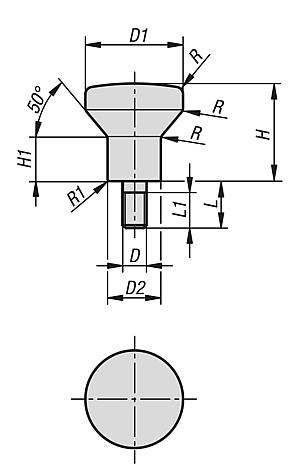 Botones con rosca exterior, forma de seta y collar alto para arandela de junta y apoyo Hygienic USIT® de Freudenberg Process Seals