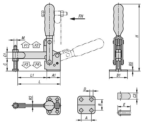 Dispositivos de sujeción rápida verticales con pie horizontal y brazo de soporte completo